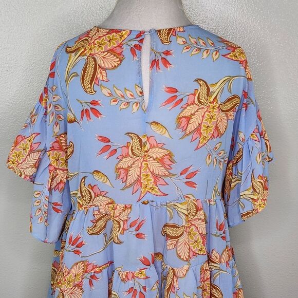 F21 Honstee Blue Floral Tiered Ruffle Flutter Sleeve Babydoll Blouse Size Large - Picture 8 of 12